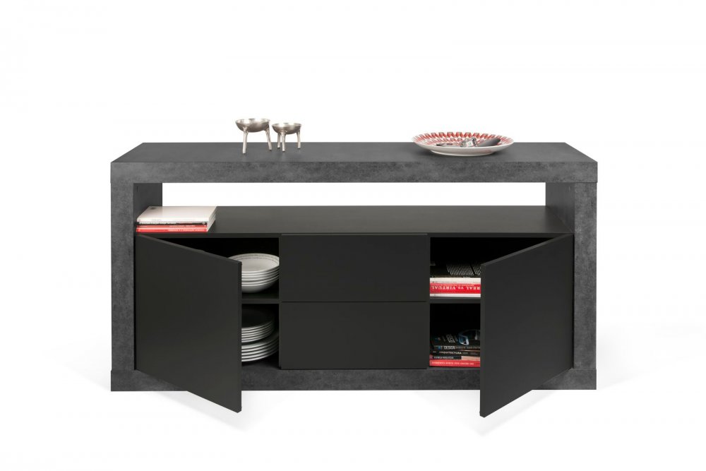 Buffet design DETROIT bois mélaminé Béton/Noir mat